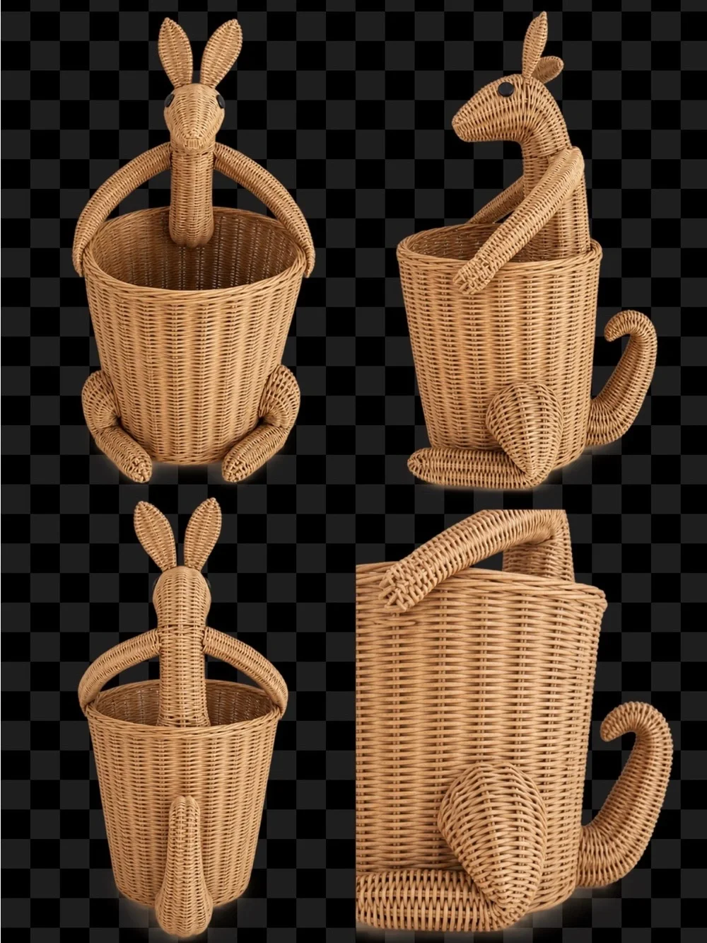 Large Vintage MCM Wicker Kangaroo Basket 23” Figural Rattan Animal Planter